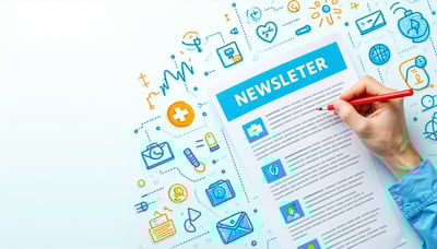 A digital illustration of a newsletter concept with healthcare symbols and technology icons. A digital illustration of a newsletter concept with healthcare symbols and technology icons.